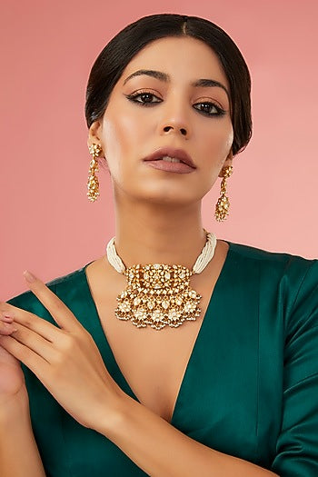 Gold Finish Moissanite Polki Choker Necklace Set In Sterling Silver