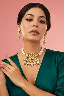 Gold Finish Moissanite Polki Choker Necklace Set In Sterling Silver