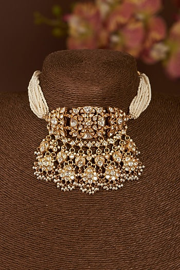 Gold Finish Moissanite Polki Choker Necklace Set In Sterling Silver