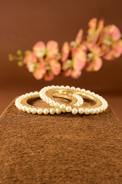 Gold Finish White Pearl Bangles In Sterling Silver (Set Of 2)