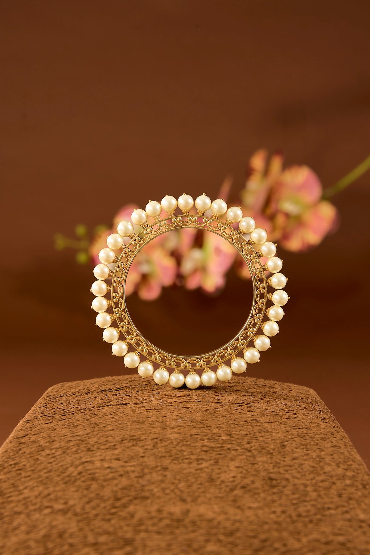 Gold Finish White Pearl Bangles In Sterling Silver (Set Of 2)