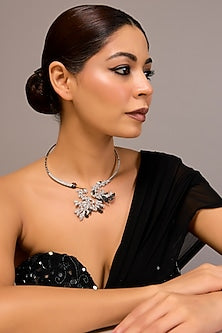 White Finish Zircon Black Enameled Choker Necklace In Sterling Silver