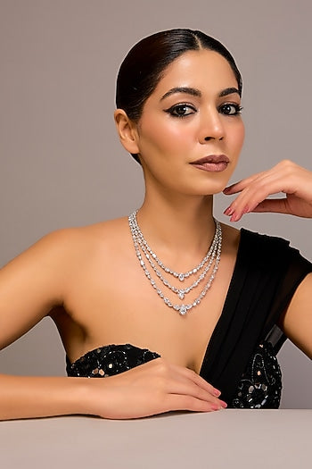 White Finish Zircon Long Necklace In Sterling Silver