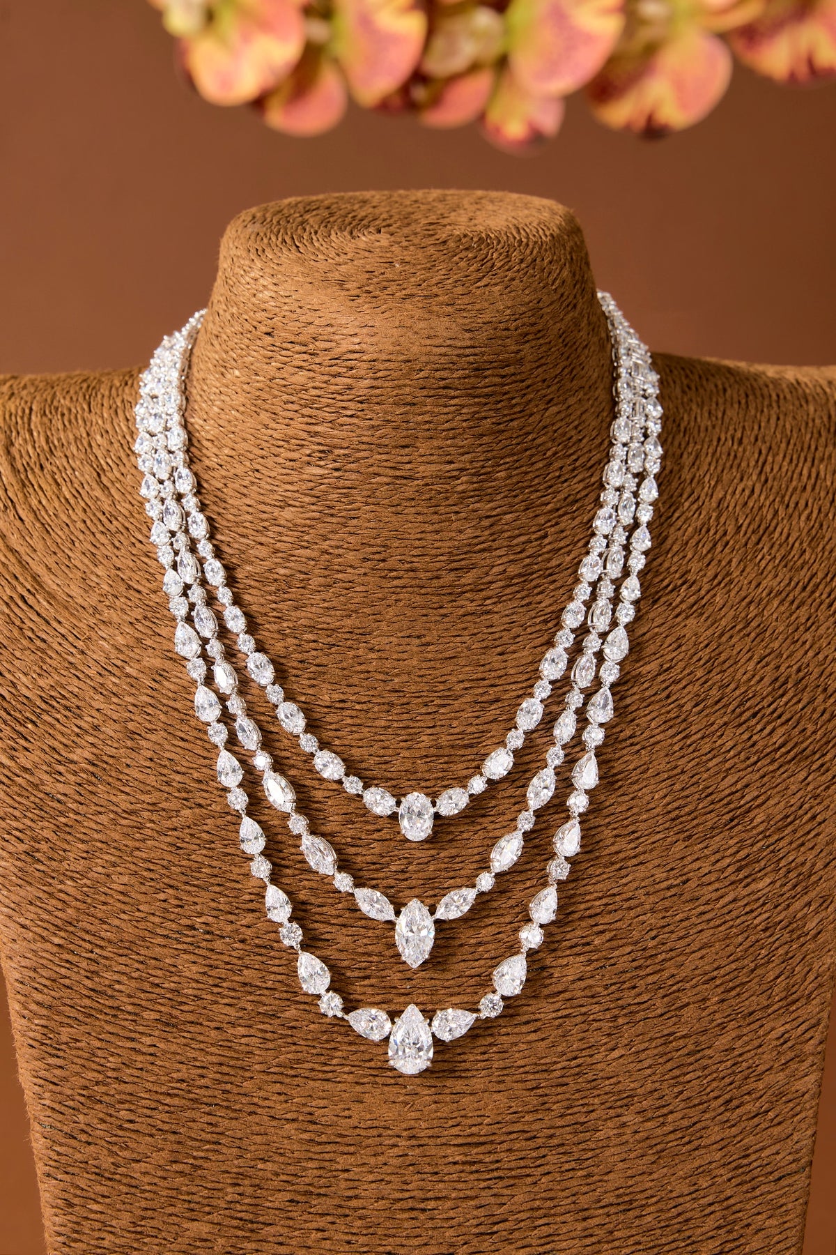 White Finish Zircon Long Necklace In Sterling Silver