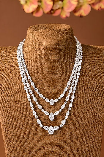 White Finish Zircon Long Necklace In Sterling Silver