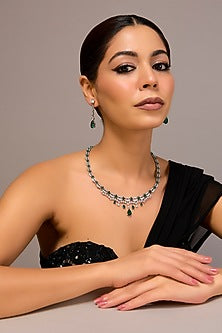 White Finish Zircon & Emerald Stone Necklace Set In Sterling Silver
