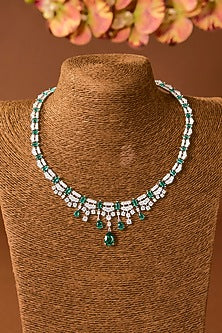 White Finish Zircon & Emerald Stone Necklace Set In Sterling Silver