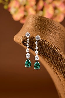 White Finish Zircon & Emerald Stone Necklace Set In Sterling Silver