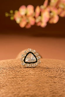 Gold Finish Kundan Polki Ring In Sterling Silver