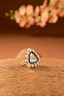 Gold Finish Kundan Polki Ring In Sterling Silver