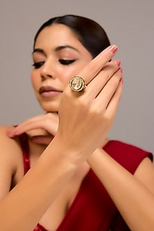 Gold Finish Green Kundan Polki Ring In Sterling Silver