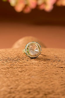 Gold Finish Green Kundan Polki Ring In Sterling Silver