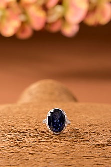 White Finish Zircon & Blue Sapphire Stone Ring In Sterling Silver