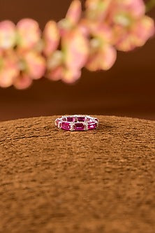 White Finish Zircon & Ruby Stone Ring In Sterling Silver