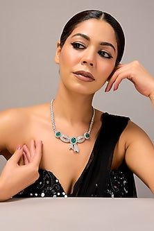 White Finish Zircon & Emerald Stone Necklace In Sterling Silver