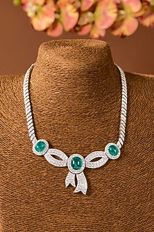 White Finish Zircon & Emerald Stone Necklace In Sterling Silver