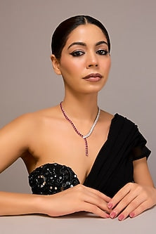 White Finish Zircon & Ruby Stone Necklace In Sterling Silver
