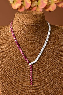 White Finish Zircon & Ruby Stone Necklace In Sterling Silver