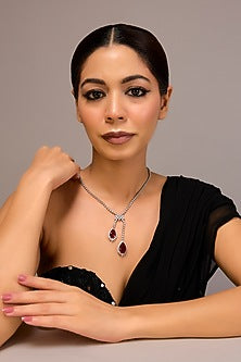 White Finish Zircon & Ruby Stone Necklace In Sterling Silver