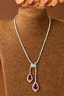 White Finish Zircon & Ruby Stone Necklace In Sterling Silver