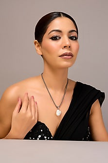 White Finish Pearl Long Necklace In Sterling Silver