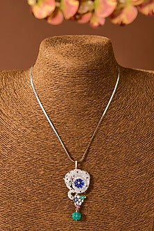 White Finish Zircon & Emerald Stone Necklace In Sterling Silver