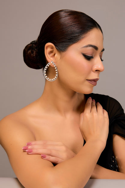 White Finish Pearl Hoop Earrings In Sterling Silver