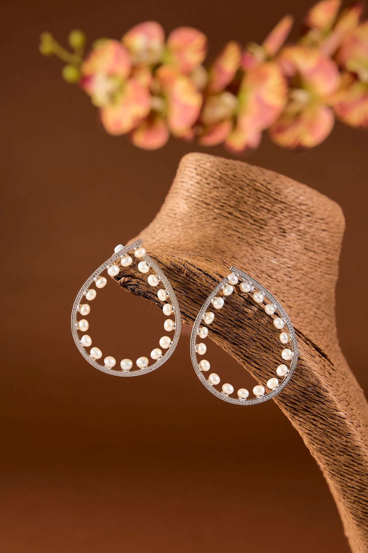 White Finish Pearl Hoop Earrings In Sterling Silver