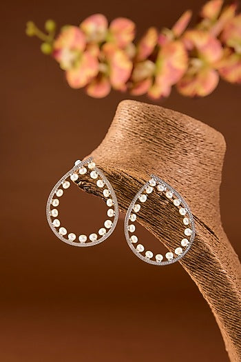 White Finish Pearl Hoop Earrings In Sterling Silver