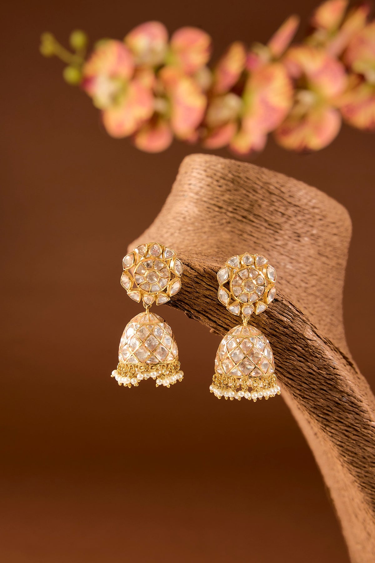 Gold Finish Kundan Polki Dangler Earrings In Sterling Silver
