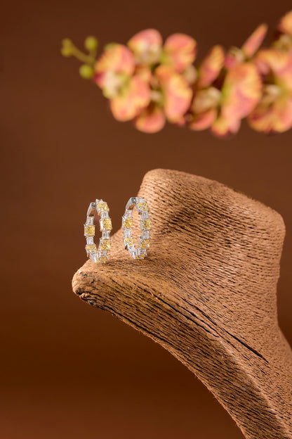 White Finish Zircon & Yellow Stone Hoop Earrings In Sterling Silver