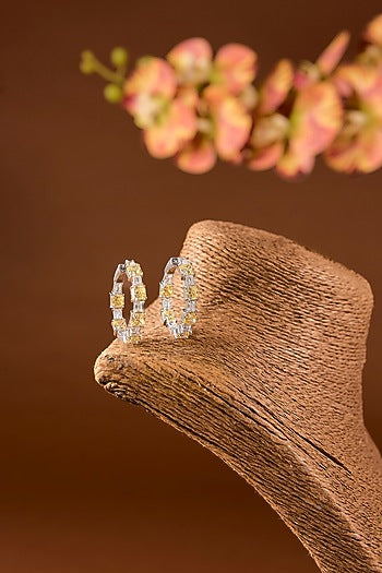 White Finish Zircon & Yellow Stone Hoop Earrings In Sterling Silver