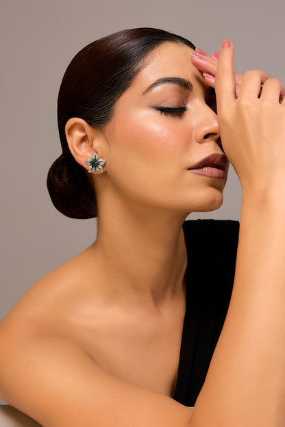 White Finish Zircon & Emerald Stone Stud Earrings In Sterling Silver