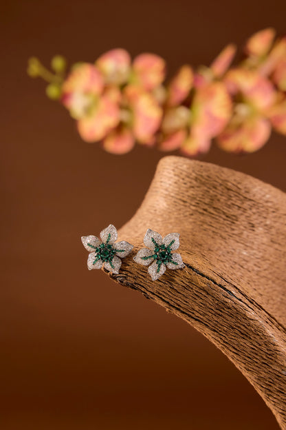 White Finish Zircon & Emerald Stone Stud Earrings In Sterling Silver