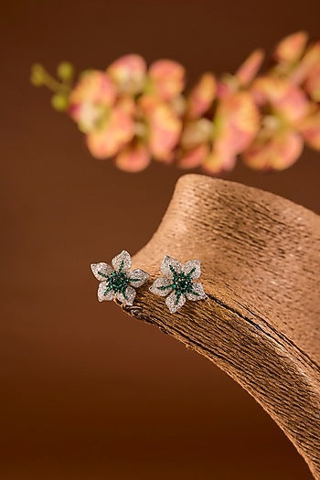 White Finish Zircon & Emerald Stone Stud Earrings In Sterling Silver