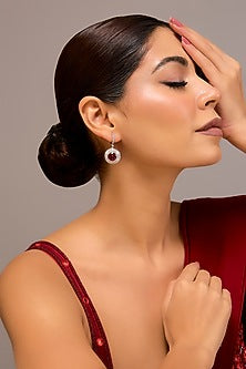 White Finish Zircon & Ruby Stone Stud Earrings In Sterling Silver