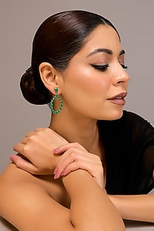 White Finish Zircon & Emerald Stone Dangler Earrings In Sterling Silver