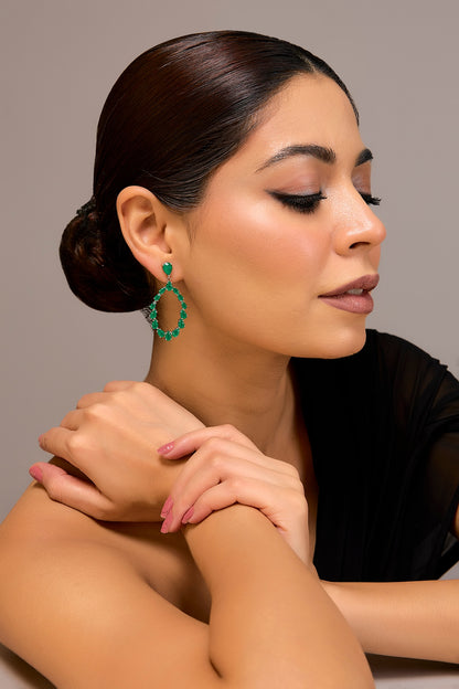 White Finish Zircon & Emerald Stone Dangler Earrings In Sterling Silver