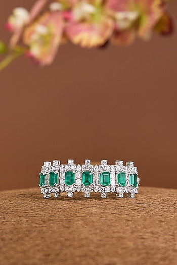 White Gold Finish Eurostar SwarovskI & Emerald Stone Openable Bracelet In Sterling Silver