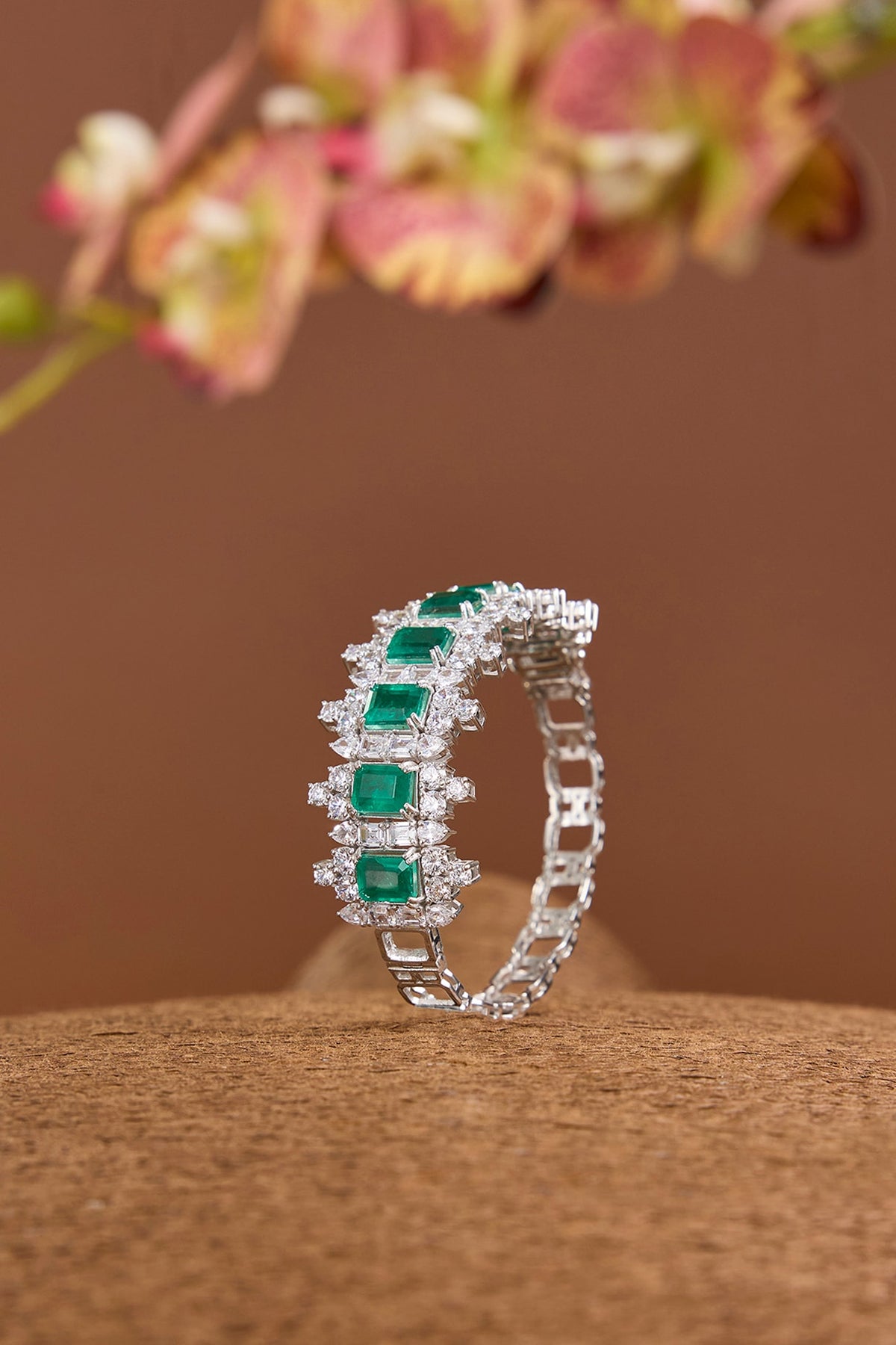 White Gold Finish Eurostar SwarovskI & Emerald Stone Openable Bracelet In Sterling Silver