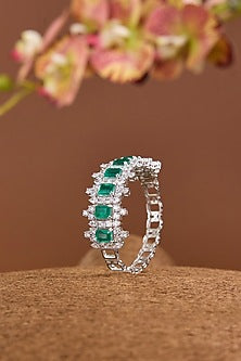 White Gold Finish Eurostar SwarovskI & Emerald Stone Openable Bracelet In Sterling Silver