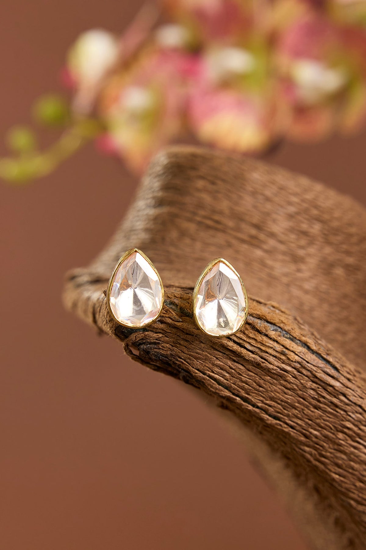 Yellow Gold Finish Moissanite Polki Stud Earrings In Sterling Silver
