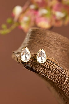Yellow Gold Finish Moissanite Polki Stud Earrings In Sterling Silver