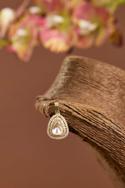Yellow Gold Finish Moissanite Polki & Eurostar Swarovski Pendant In Sterling Silver