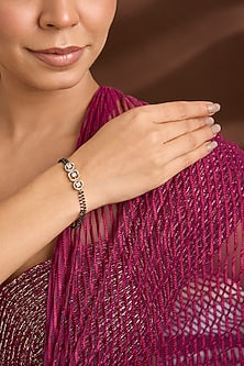 Yellow Gold Finish Eurostar Swarovski & Black Onyx Pearl Openable Bracelet In Sterling Silver