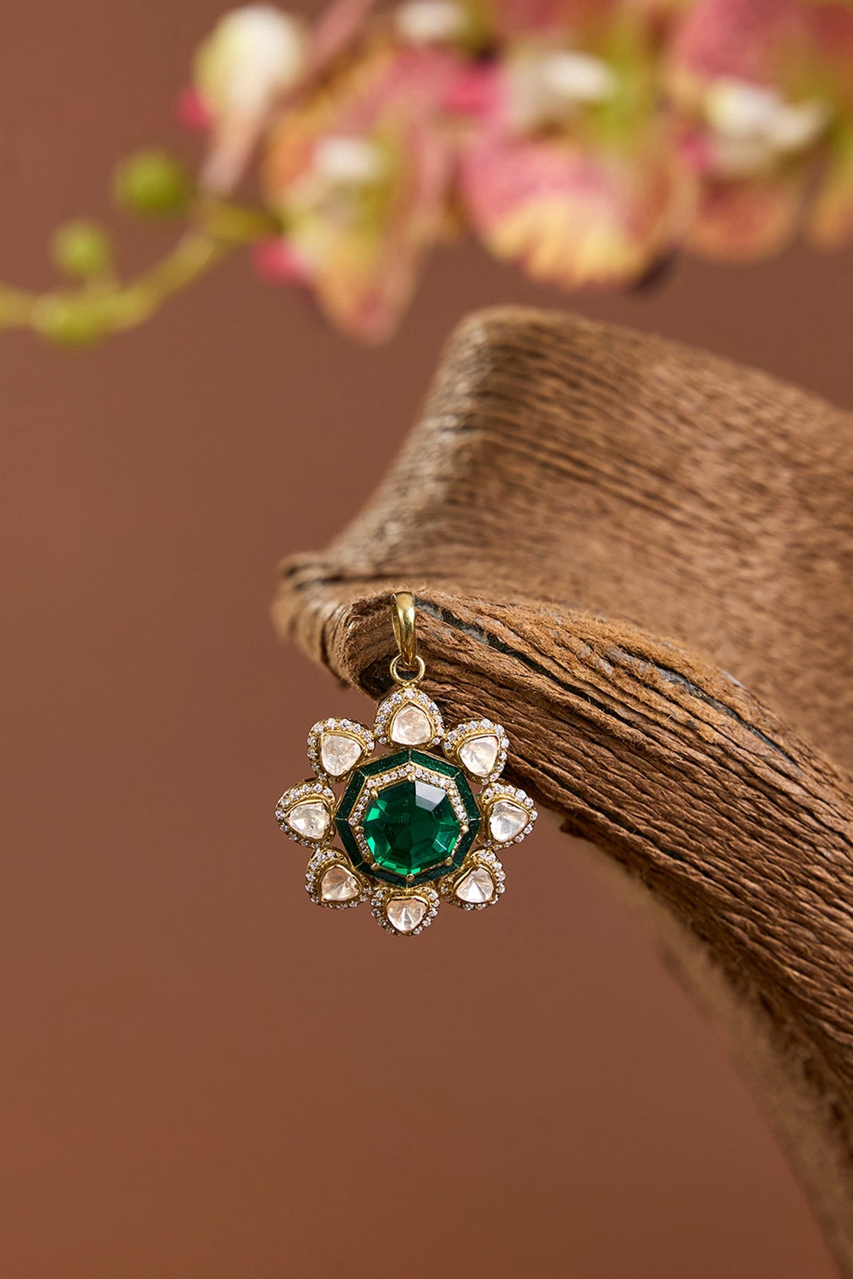 Yellow Gold Finish Moissanite Polki & Emerald Stone Pendant In Sterling Silver