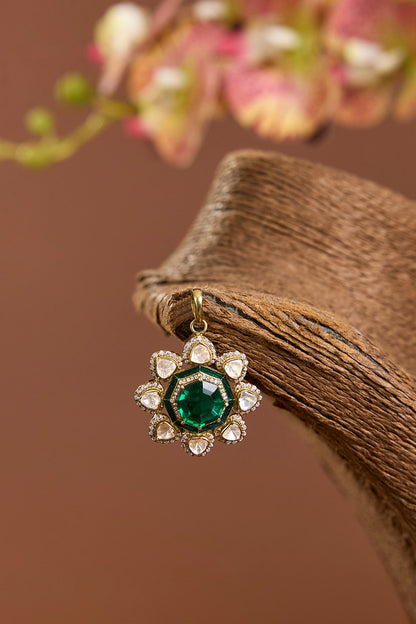 Yellow Gold Finish Moissanite Polki & Emerald Stone Pendant In Sterling Silver