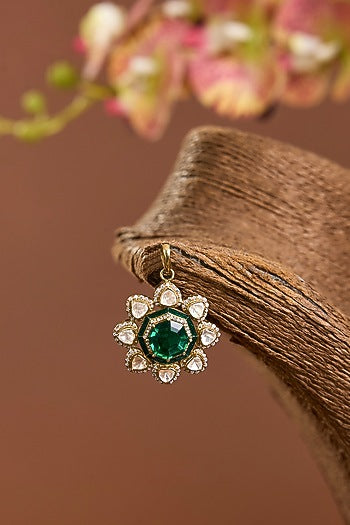 Yellow Gold Finish Moissanite Polki & Emerald Stone Pendant In Sterling Silver