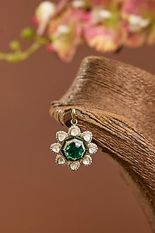 Yellow Gold Finish Moissanite Polki & Emerald Stone Pendant In Sterling Silver