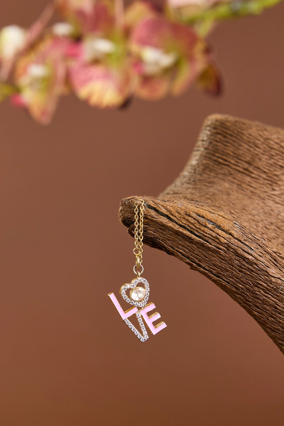 Yellow Gold Finish Moissanite Polki & Eurostar Swarovski Pink Enameled Watch Charm In Sterling Silver